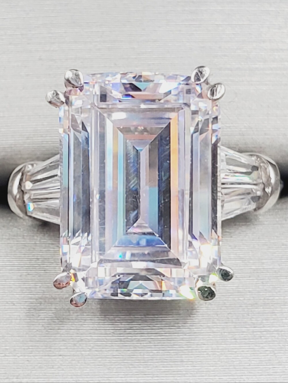 Classic Emerald Cut Solitaire Ring - Baguette Band - 925 Sterling Silver